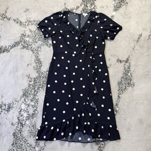 Loft Outlet Dress Womens Sz 14P Blue White Polka Dots Wrap Short Flutter Sleeves